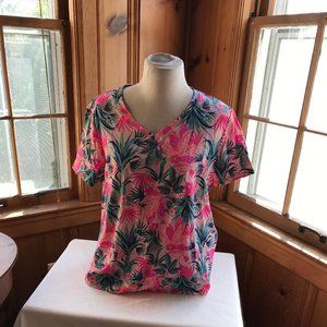 NWT FRESH PRODUCE pink palm Tee, V-neck, short sleeves, size Large.